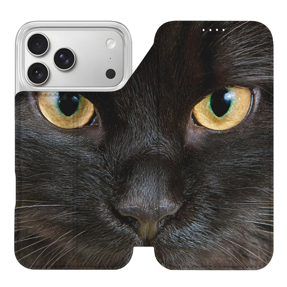 iPhone 17 Pro Book Case Zwarte Kat zwart kat close-up design voorkant