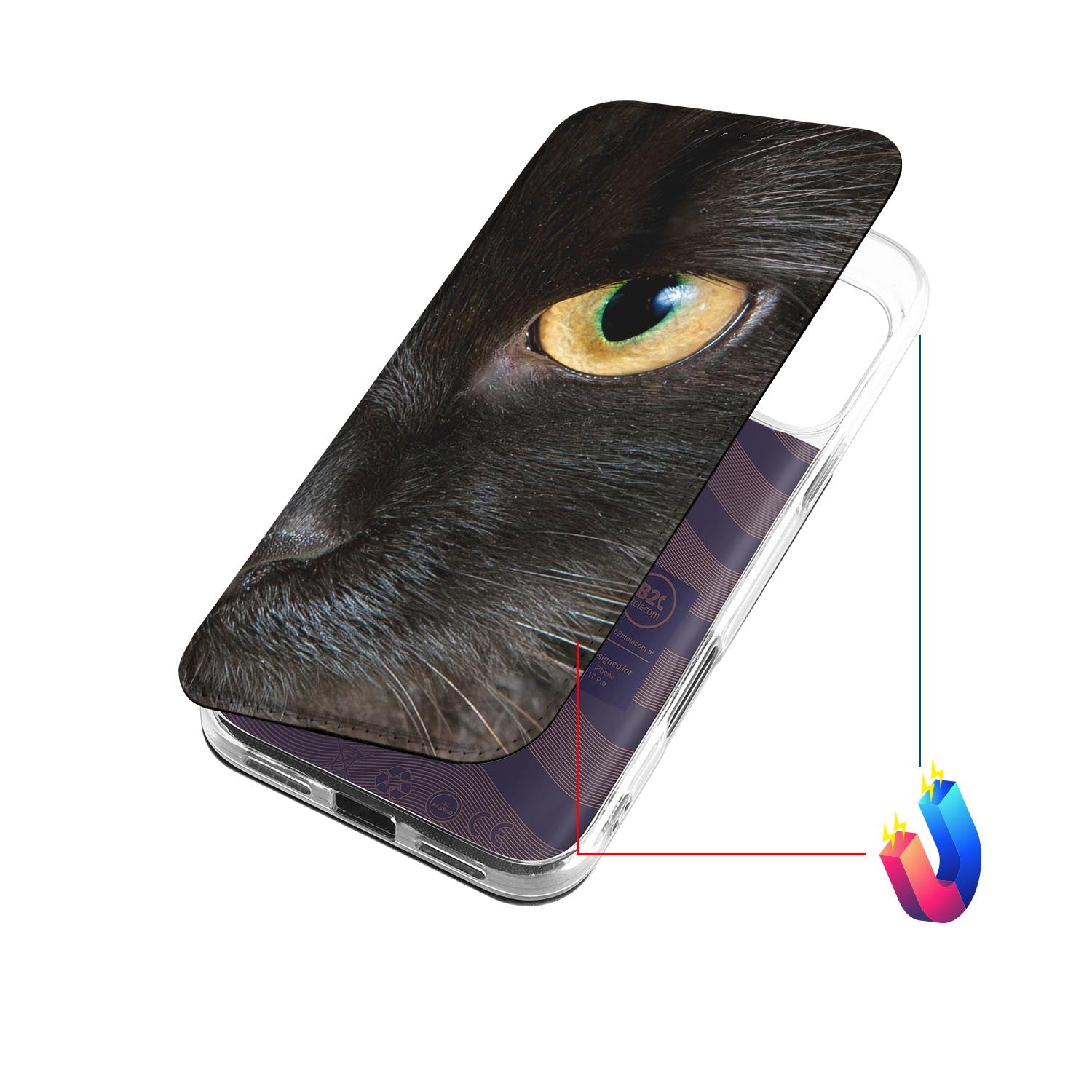 iPhone 17 Pro Book Case Zwarte Kat design detail kat eye aanzicht