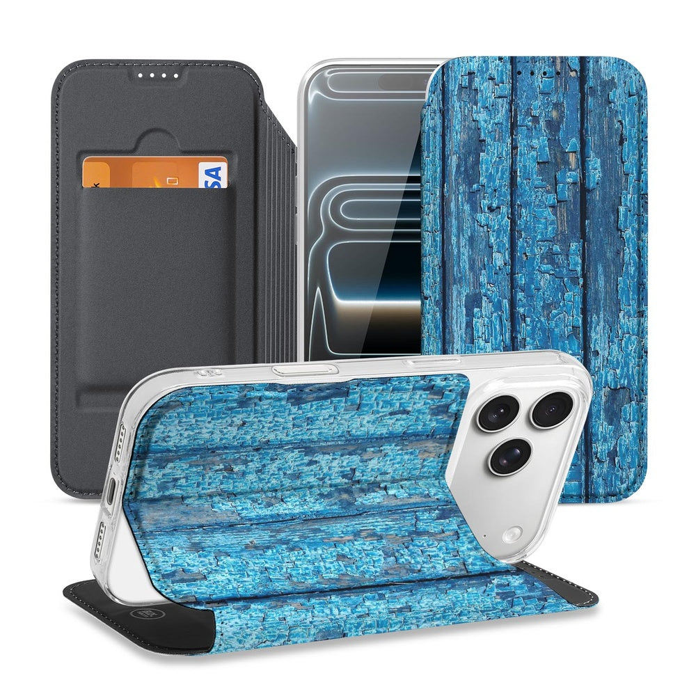 iPhone 17 Pro Book Wallet Case Wood Blue boekcase hout blauw aanzicht