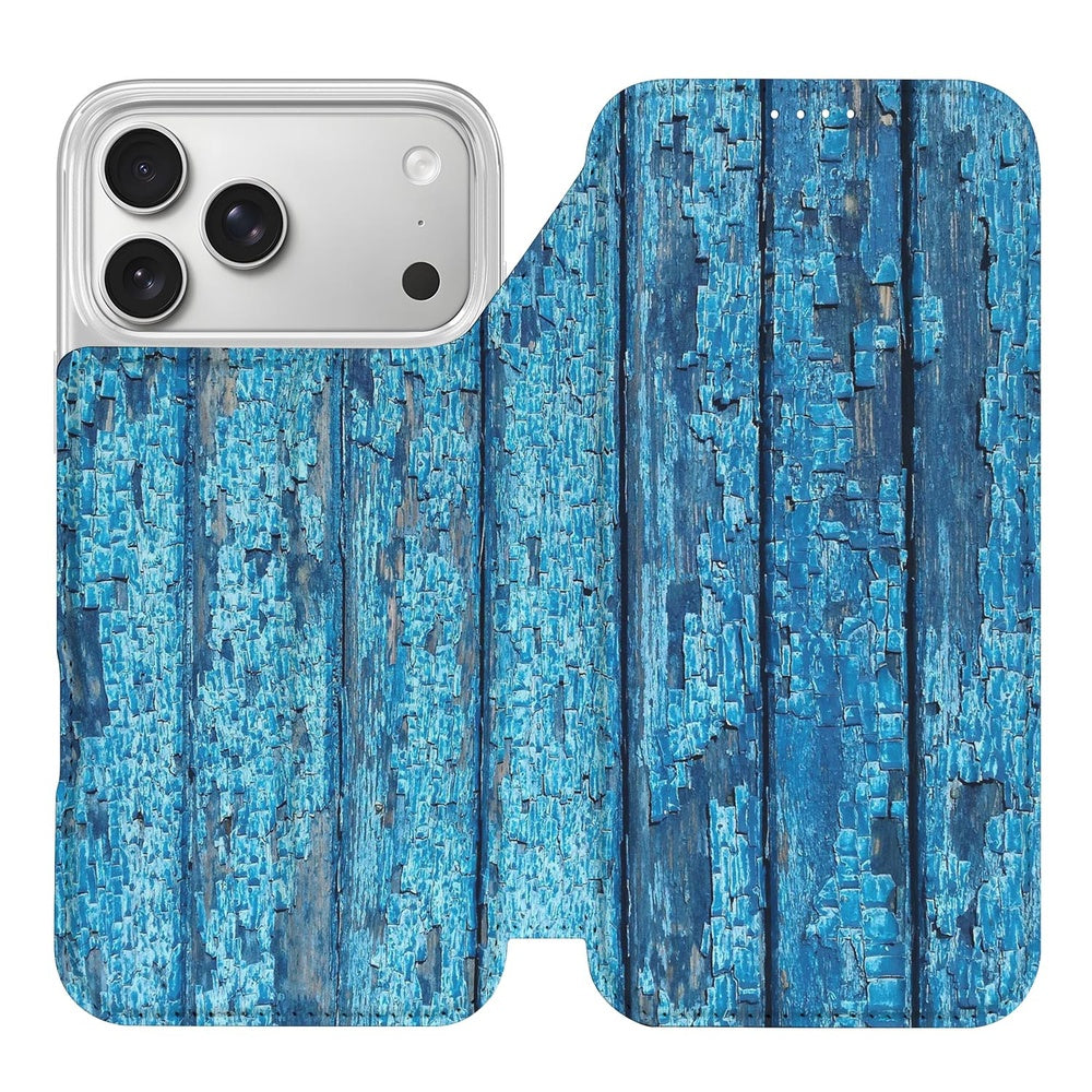 iPhone 17 Pro Book Wallet Case Wood Blue boekcase blauw houtprint aanzicht