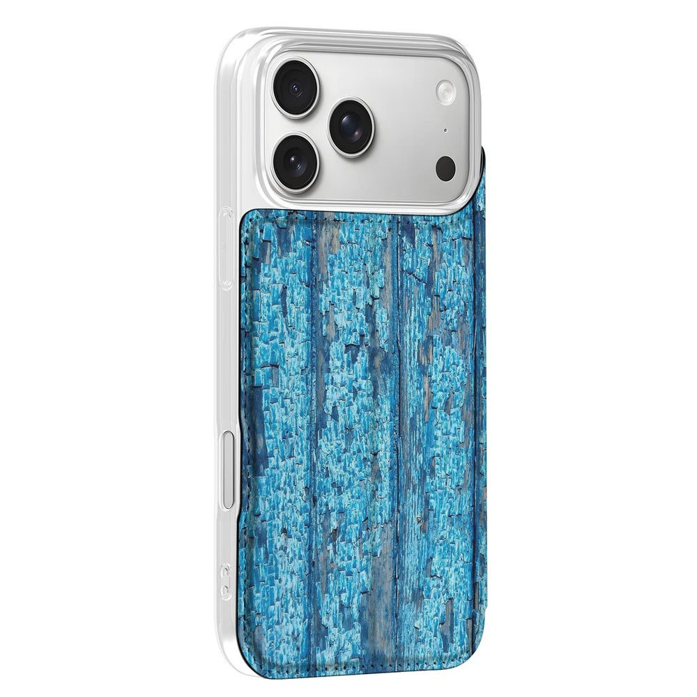 iPhone 17 Pro Book Wallet Case Wood Blue design houtprint aanzicht