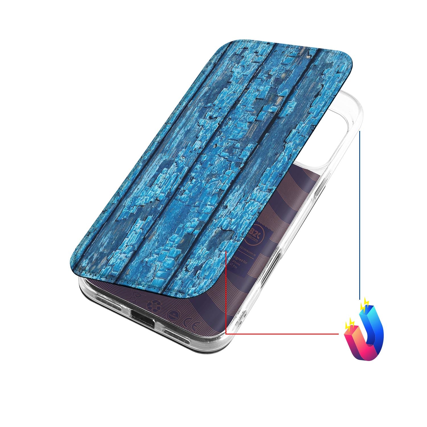 iPhone 17 Pro Book Wallet Case Wood Blue design blauw houtprint aanzicht
