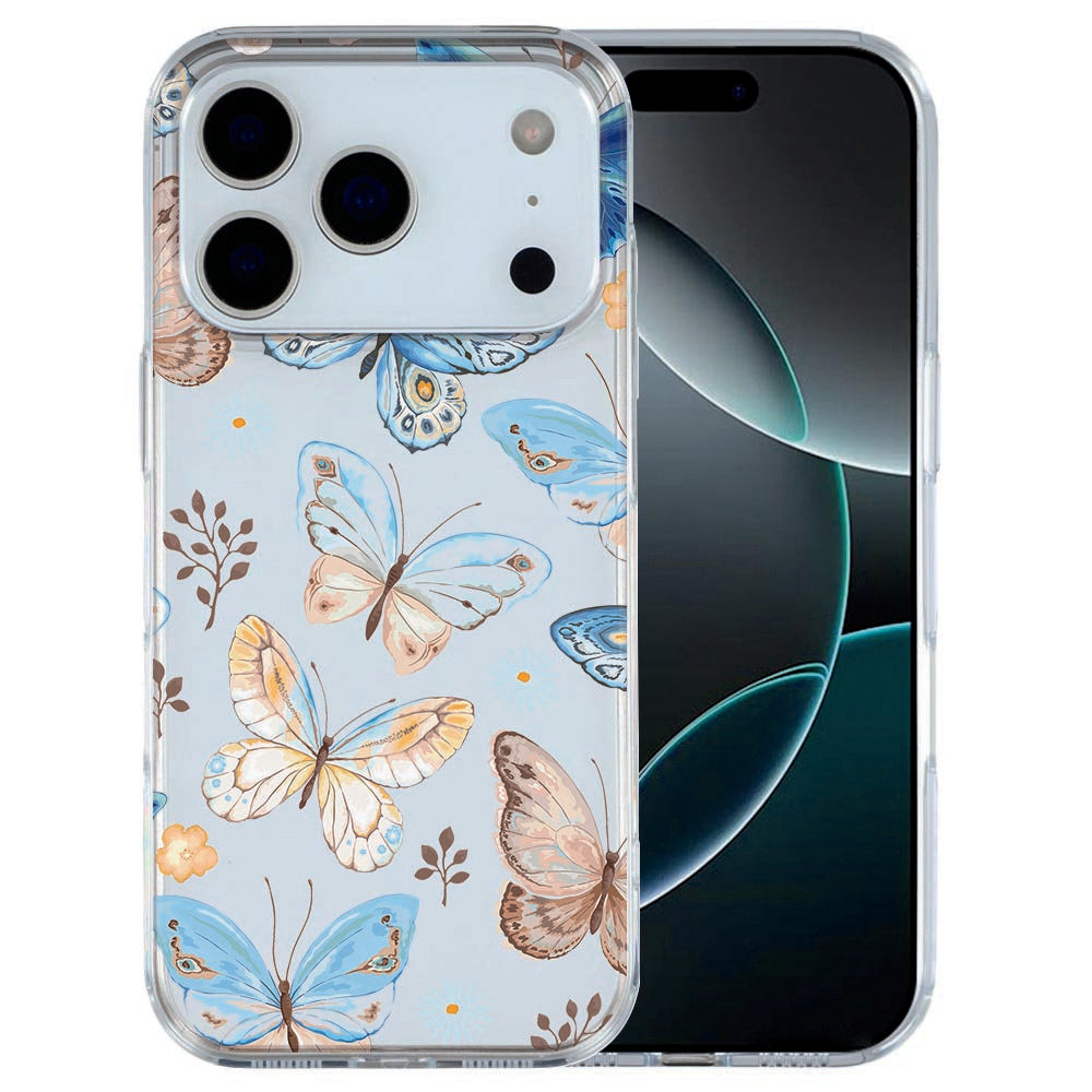 Apple iPhone 17 Pro Max Hoesje Vlinder Sierlijk TPU Cover met Vlinder Print Voor- en achteraanzicht.