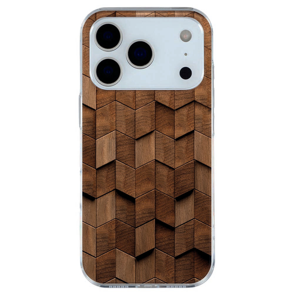 iPhone 17 Pro Max Hoesje Wooden Cubes Robuust TPU Cover met Houten Blokjes Achteraanzicht.