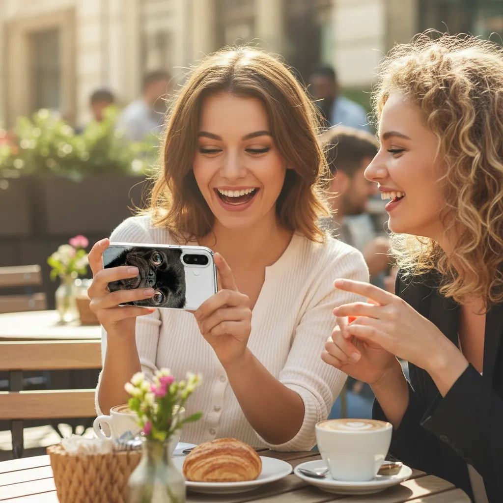 Vrouwen met iPhone 17 TPU Hoesje Ontwerpen met Foto genieten van hun koffie in een zonnig café.