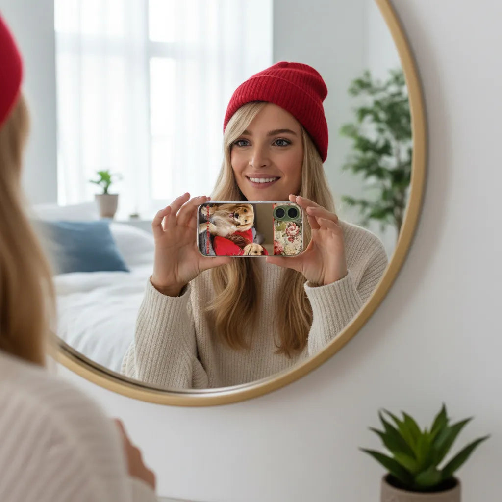 Vrouw die haar zelfontworpen iPhone 17 TPU Hoesje Ontwerpen met Foto in de spiegel toont.