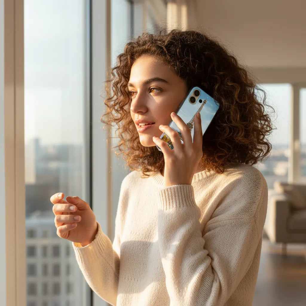 Vrouw met een iPhone 17 TPU Hoesje Ontwerpen met Foto, terwijl ze in het licht bij een raam staat.