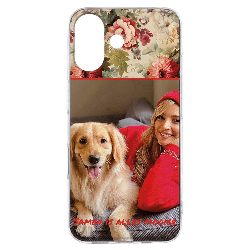 iPhone 17 TPU Hoesje Ontwerpen met Foto met een gouden retriever en een lachende vrouw erop.