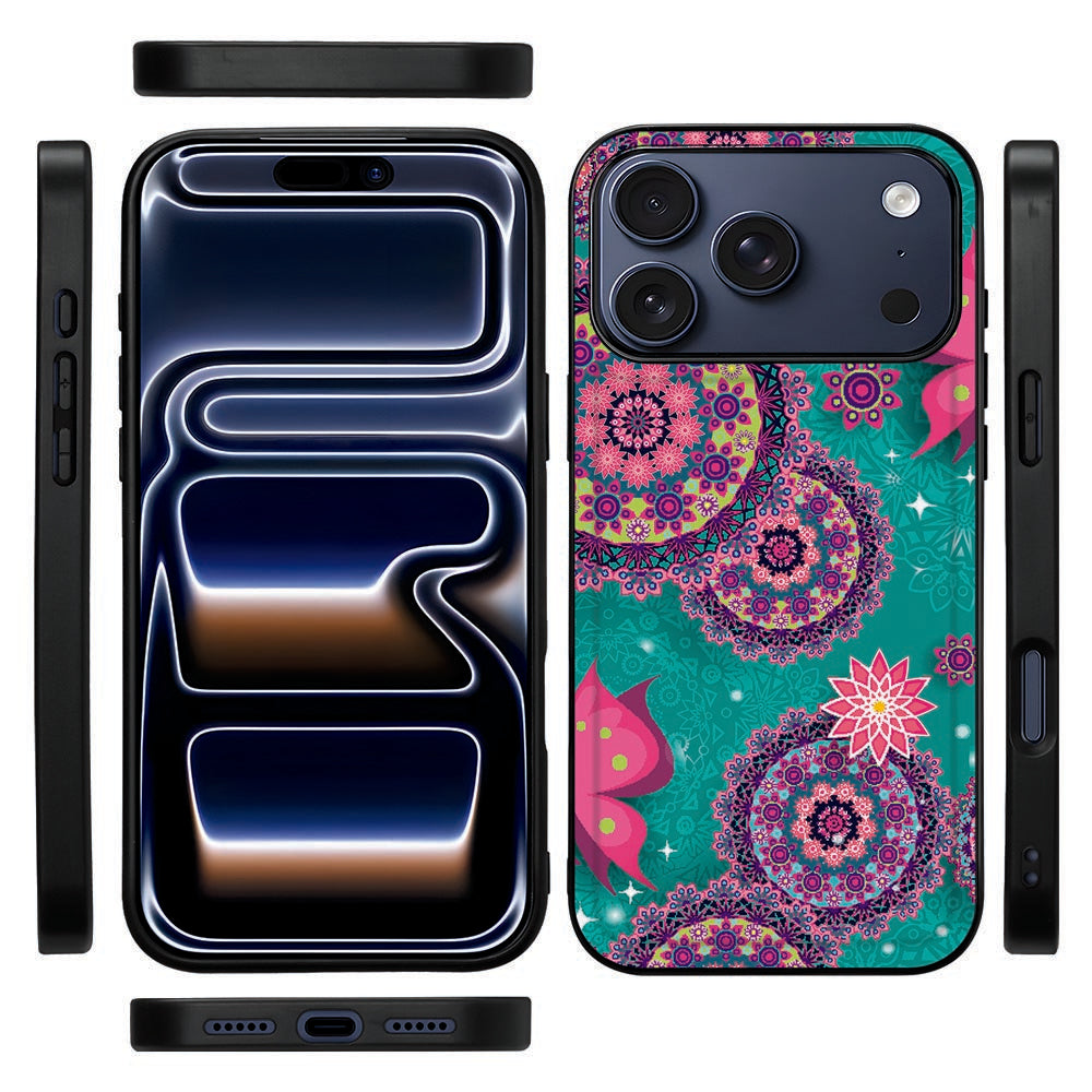 Zijkant van de iPhone 18 Pro back cover Cirkels en Vlinders met soepele zwarte rand