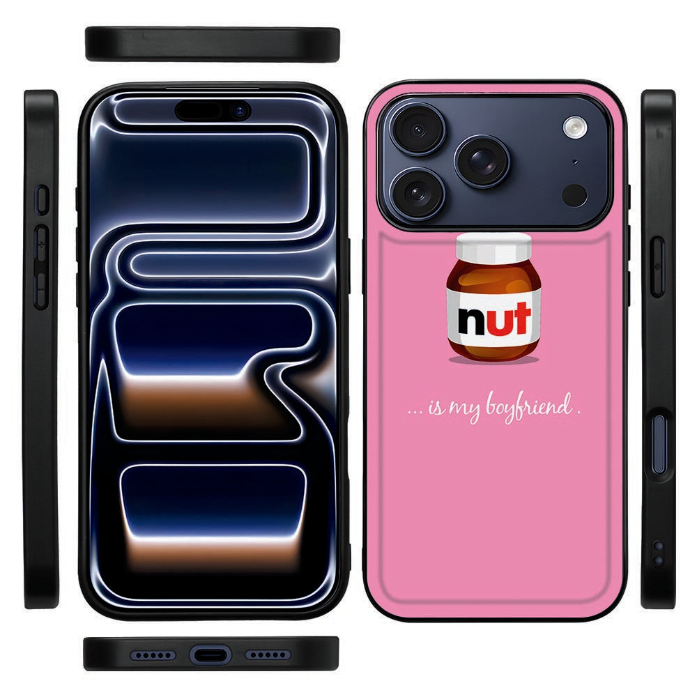 Zijaanzicht van de Nut Boyfriend backcover voor iPhone 18 Pro met zwarte TPU-rand