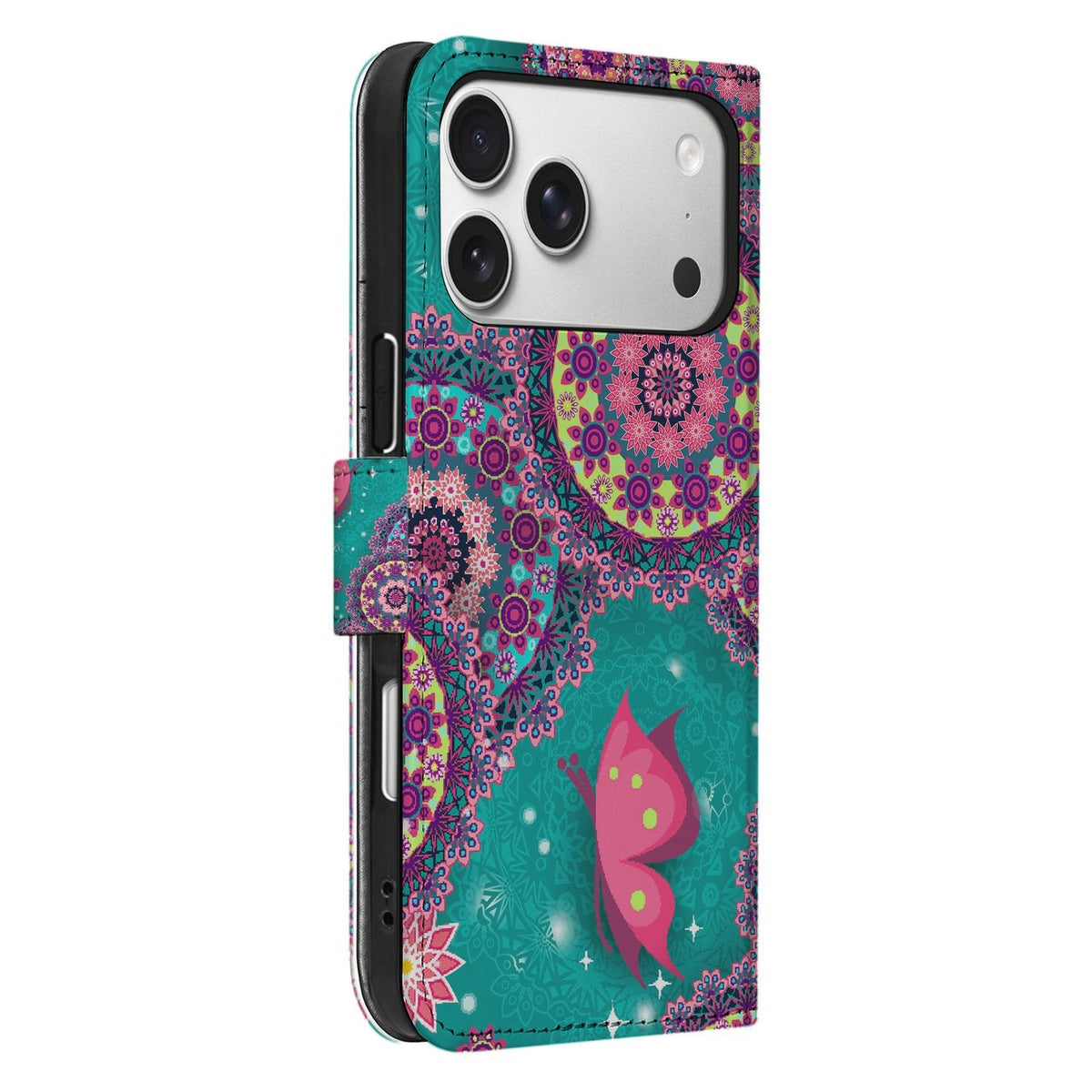 Zijaanzicht van de dichte bookcase Cirkels en Vlinders voor de iPhone 18 Pro