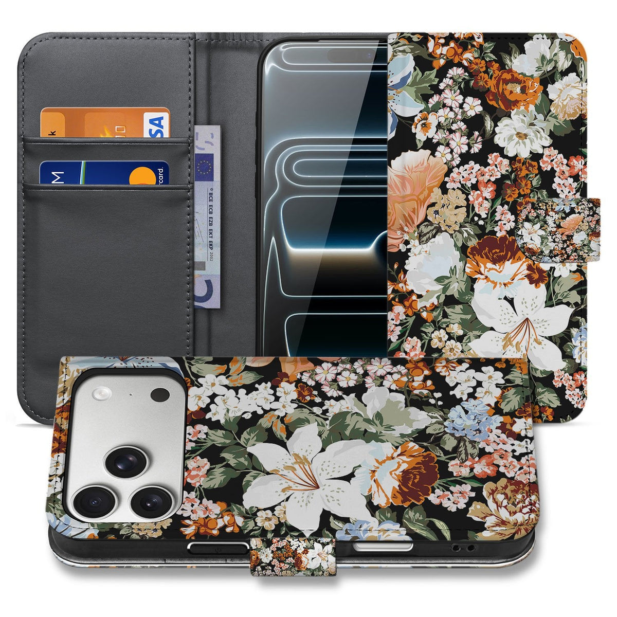 iPhone 18 Pro Bookcase hoesje Dark Flowers, open en gesloten naast elkaar met donkere bloemenprint