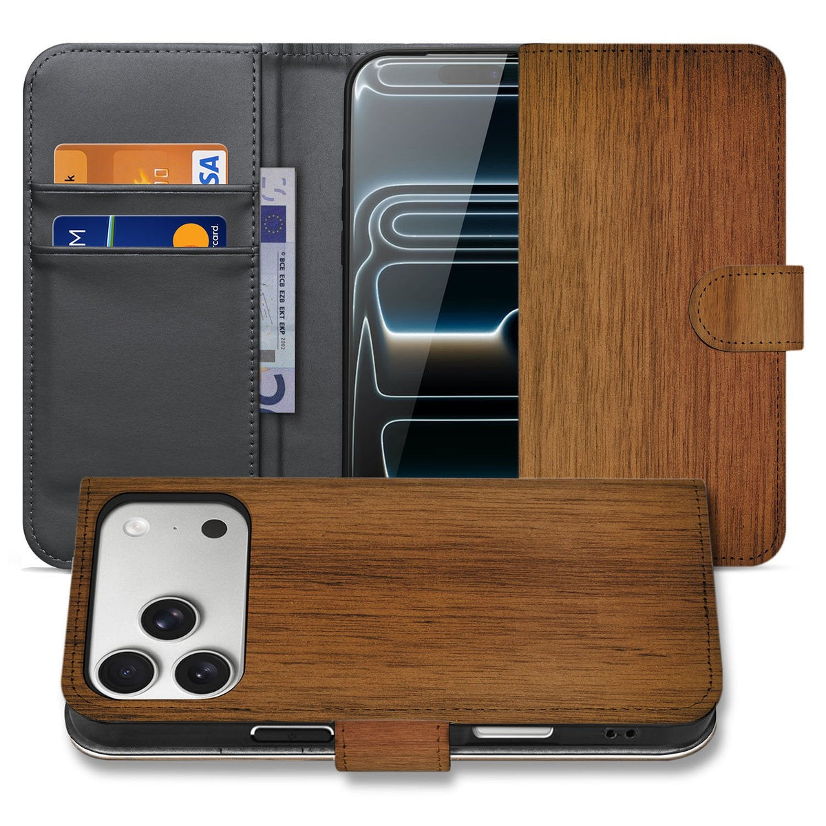 iPhone 18 Pro bookcase hoesje Donker Hout, open en dicht naast elkaar met houtnerfprint