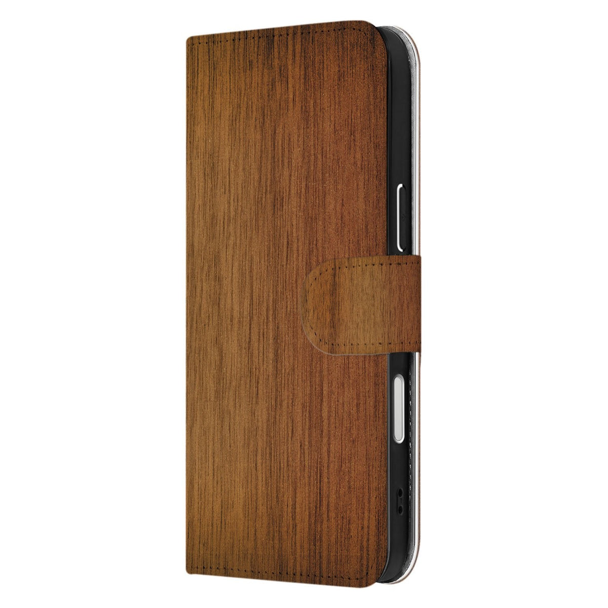 Zijkant van de iPhone 18 Pro bookcase Donker Hout met magnetische sluitlip