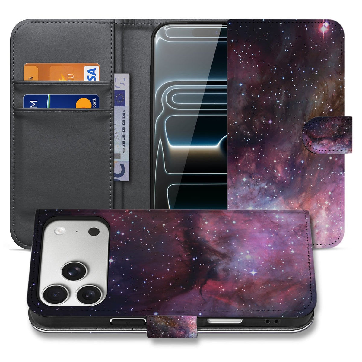 Paarse bookcase Galaxy voor de iPhone 18 Pro, open en dicht in beeld