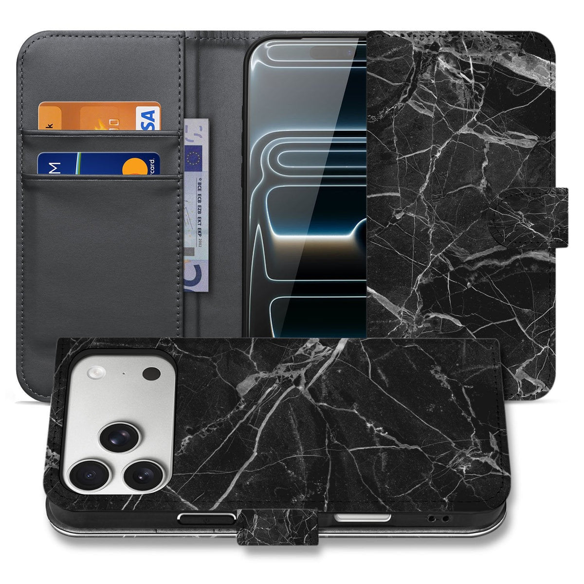 iPhone 18 Pro Bookcase hoesje Marmer Zwart, open en dicht naast elkaar met zwarte marmerprint
