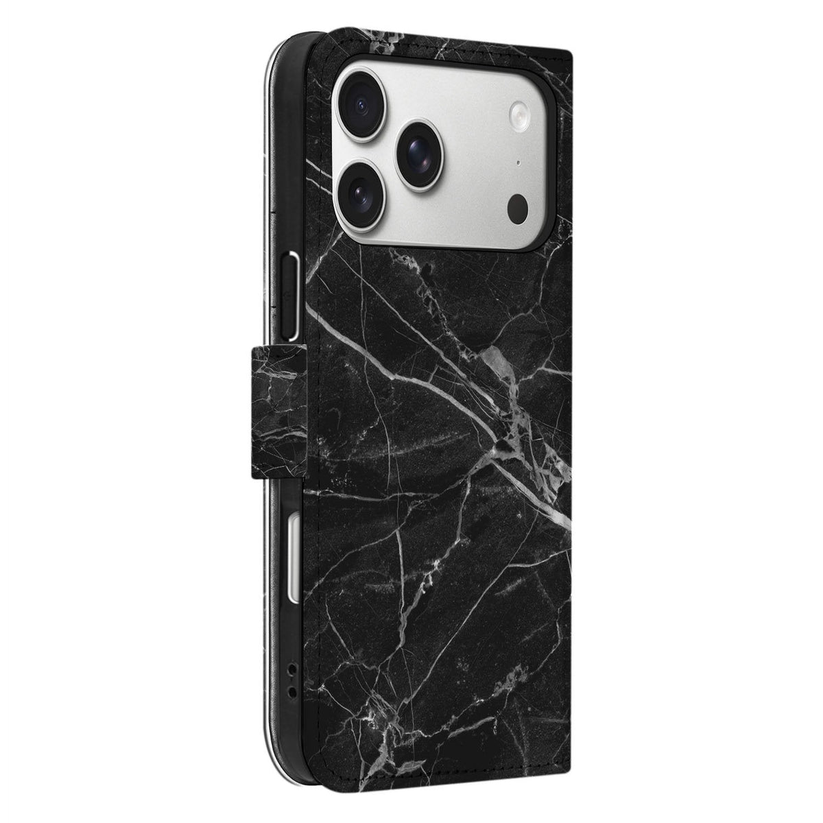 Zijaanzicht van de iPhone 18 Pro Marmer Zwart bookcase met kunstleren klep en TPU-houder