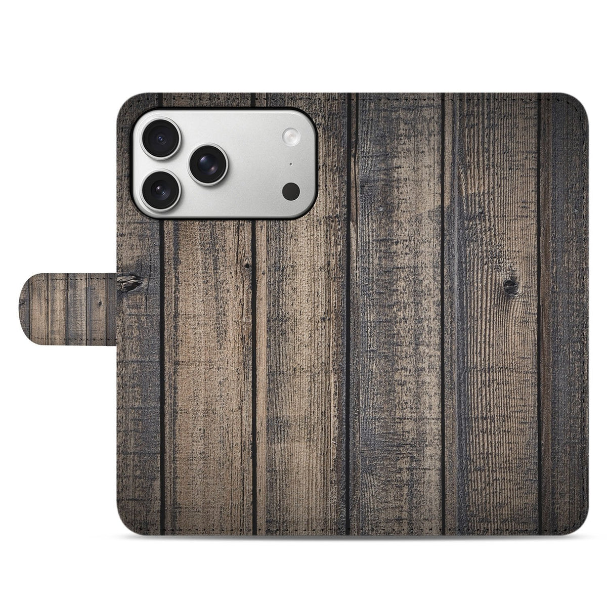 Gesloten Steigerhout bookcase voor iPhone 18 Pro met houtnerfdesign op de voorflap