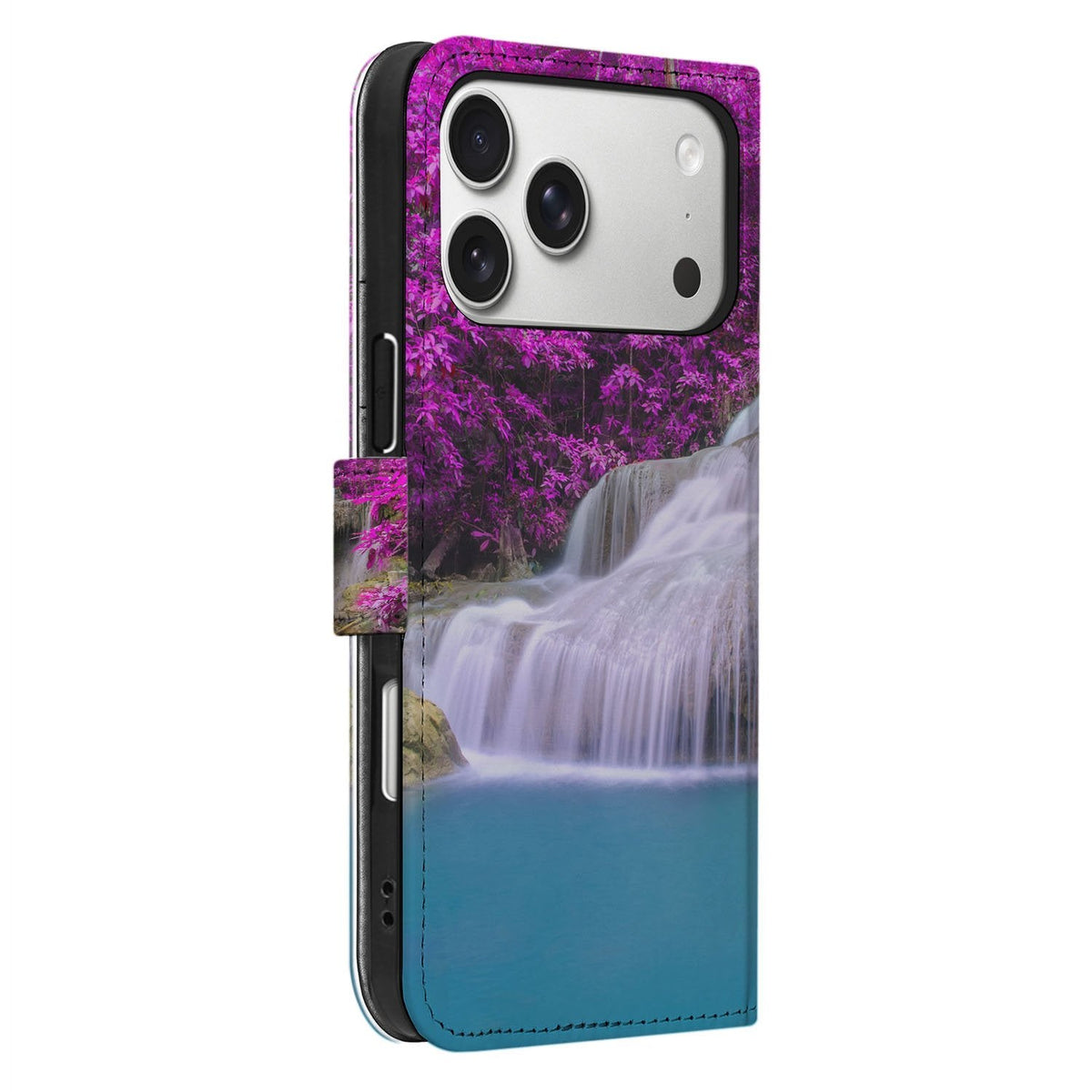 Zijaanzicht van het Waterval Bookcase hoesje iPhone 18 Pro, waterval op de rug