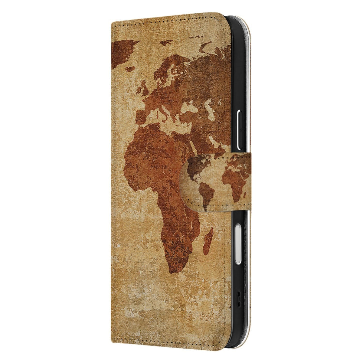 Zijkant van het iPhone 18 Pro bookcase hoesje Wereldkaart met de sluitlip