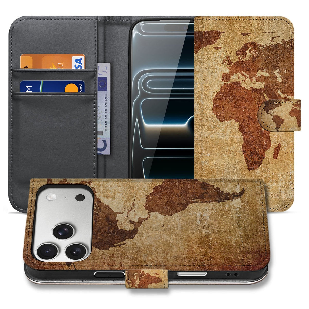 iPhone 18 Pro bookcase hoesje Wereldkaart in geel en bruin, open en dicht getoond