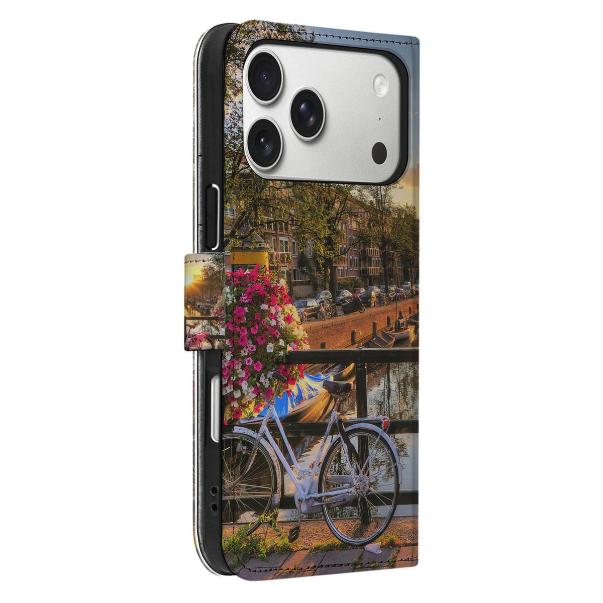 Zijaanzicht van het iPhone 18 Pro klaphoesje Amsterdamse Grachten, klep dicht