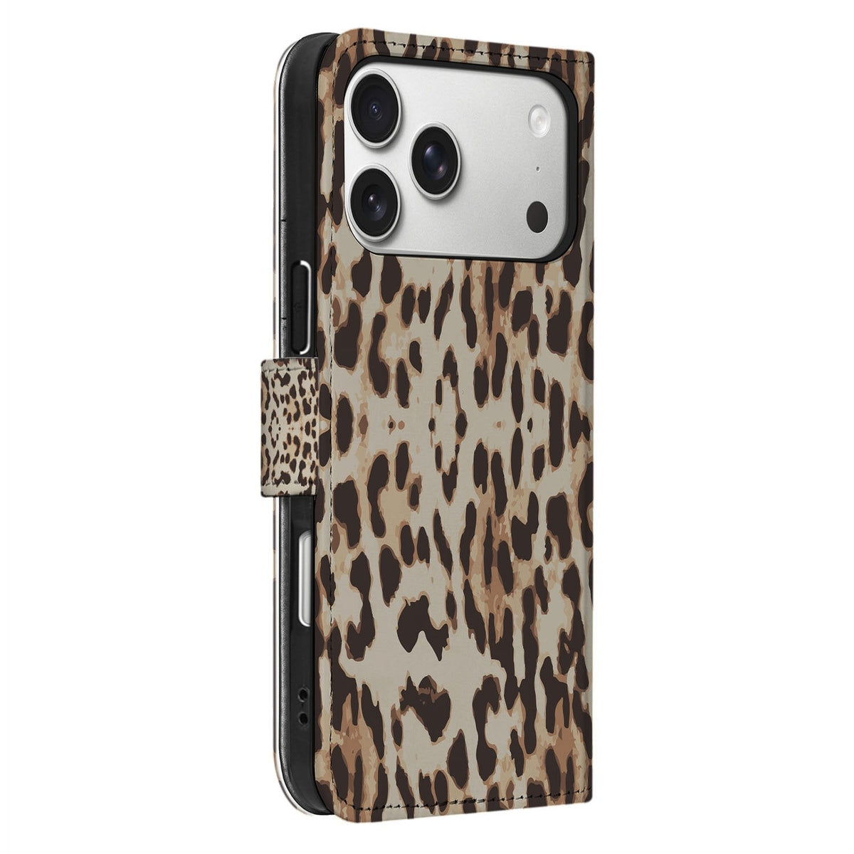 Zijaanzicht van de iPhone 18 Pro Leopard bookcase met kunstleren klep en zwarte TPU-houder