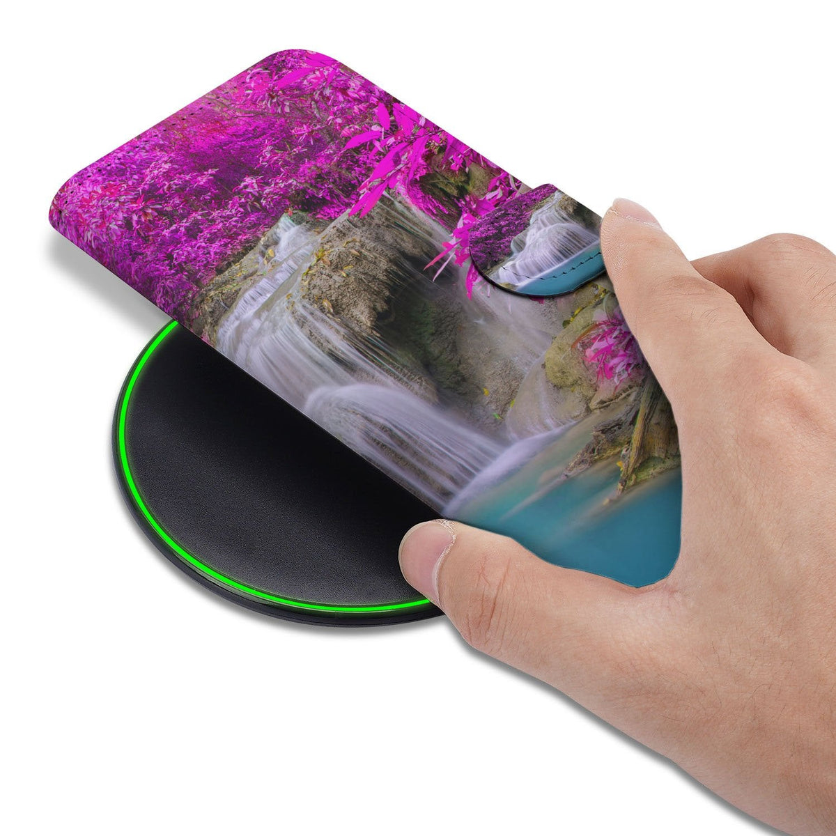 Waterval bookcase voor iPhone 18 Pro in de hand met de klep dicht