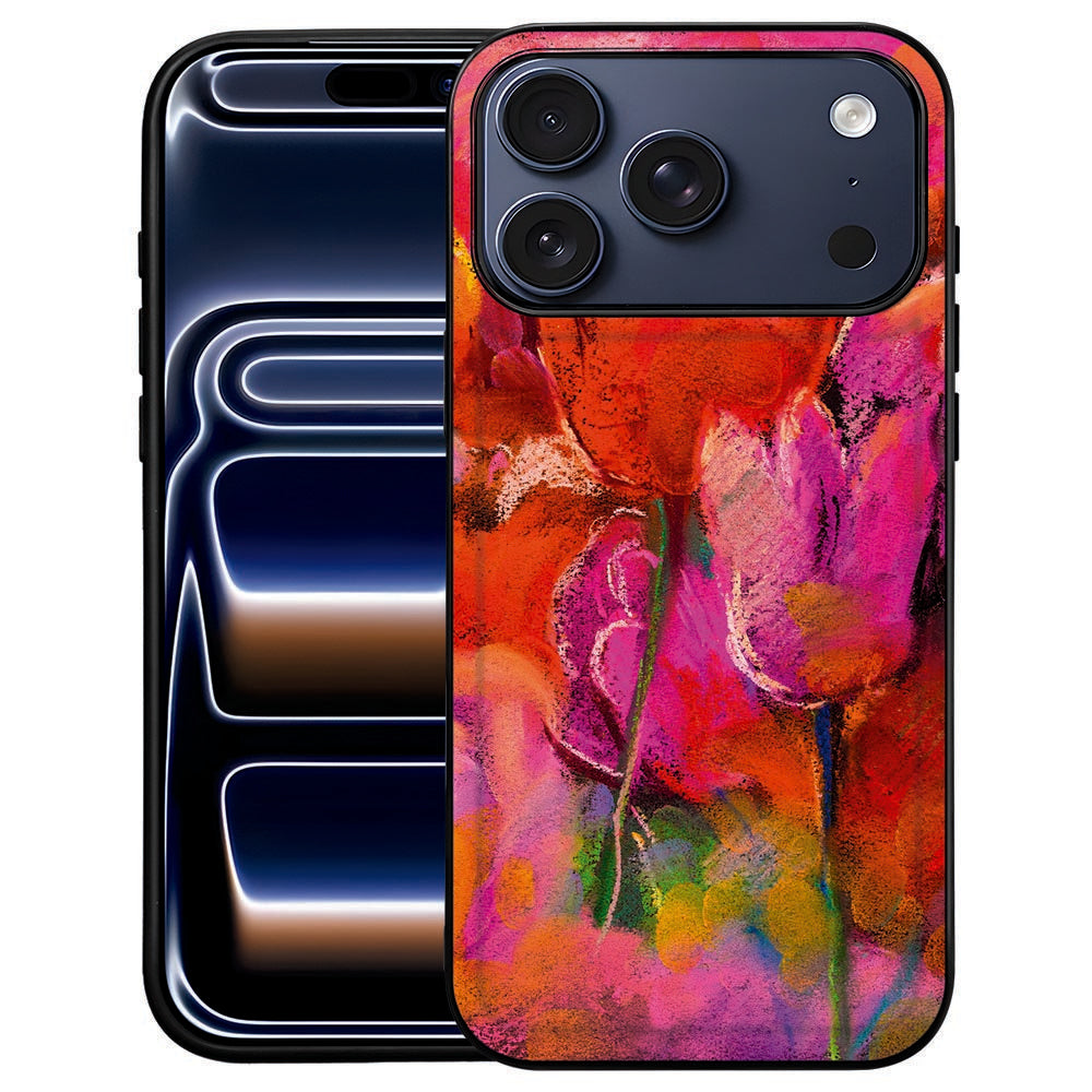 Tulips backcover voor iPhone 18 Pro Max met aquareltulpen in rood en roze op kunstleer