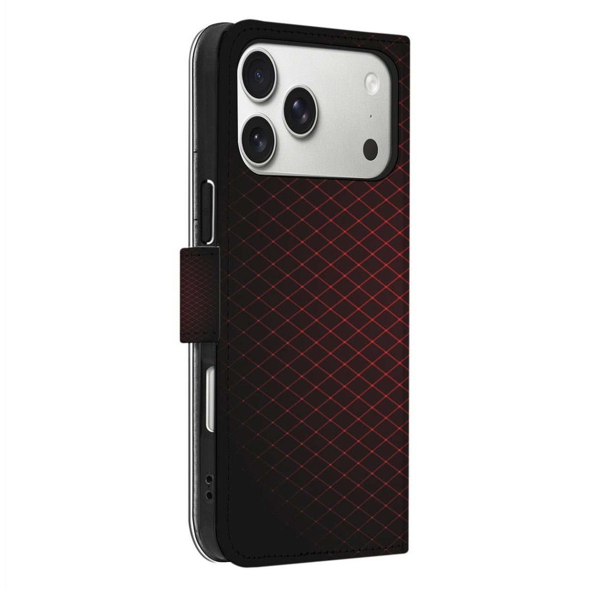 Het iPhone 18 Pro Max hoesje Geruit Rood schuin van opzij, met zicht op de dikte