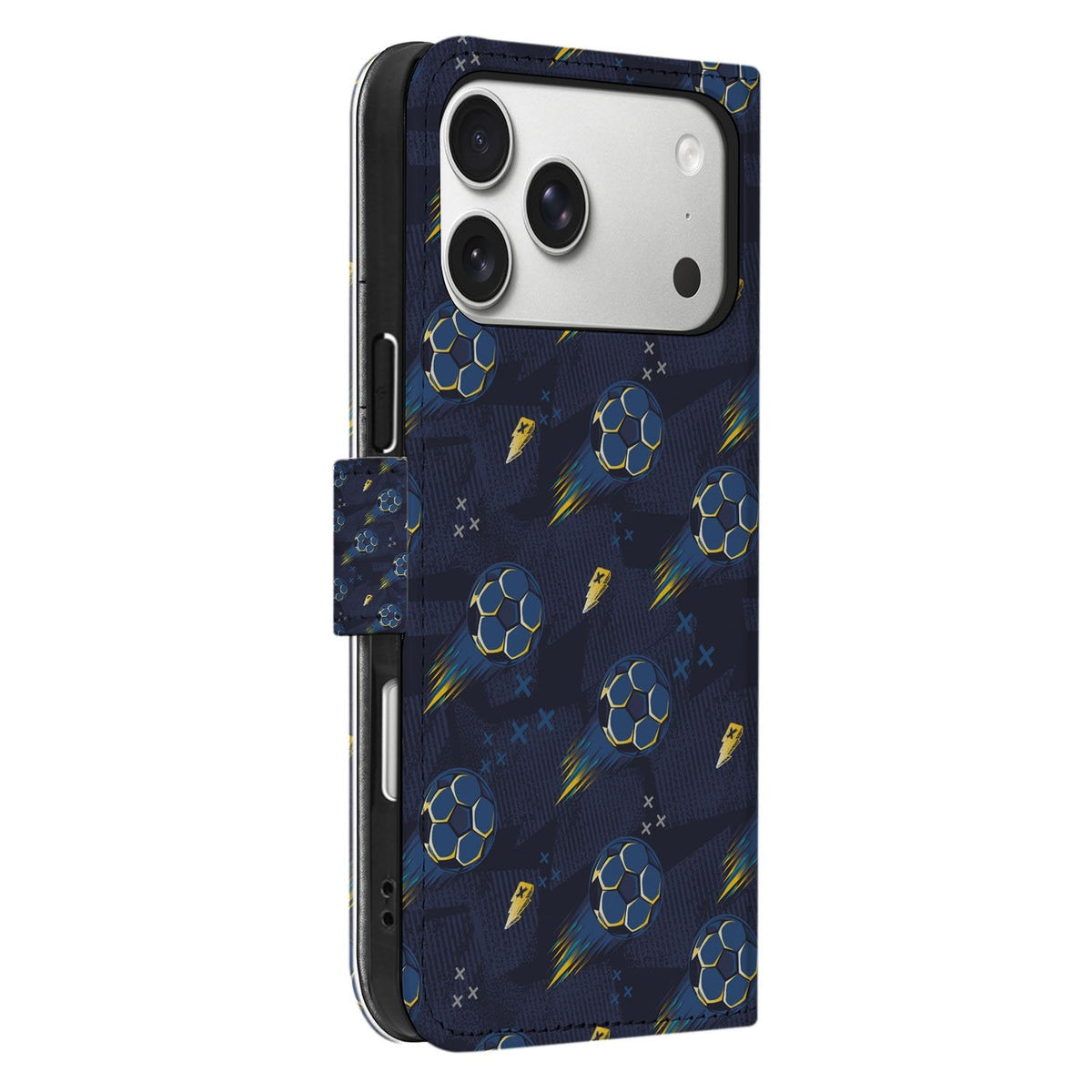 Van opzij bekeken: het Voetbal boekhoesje om de iPhone 18 Pro Max met sluitlip