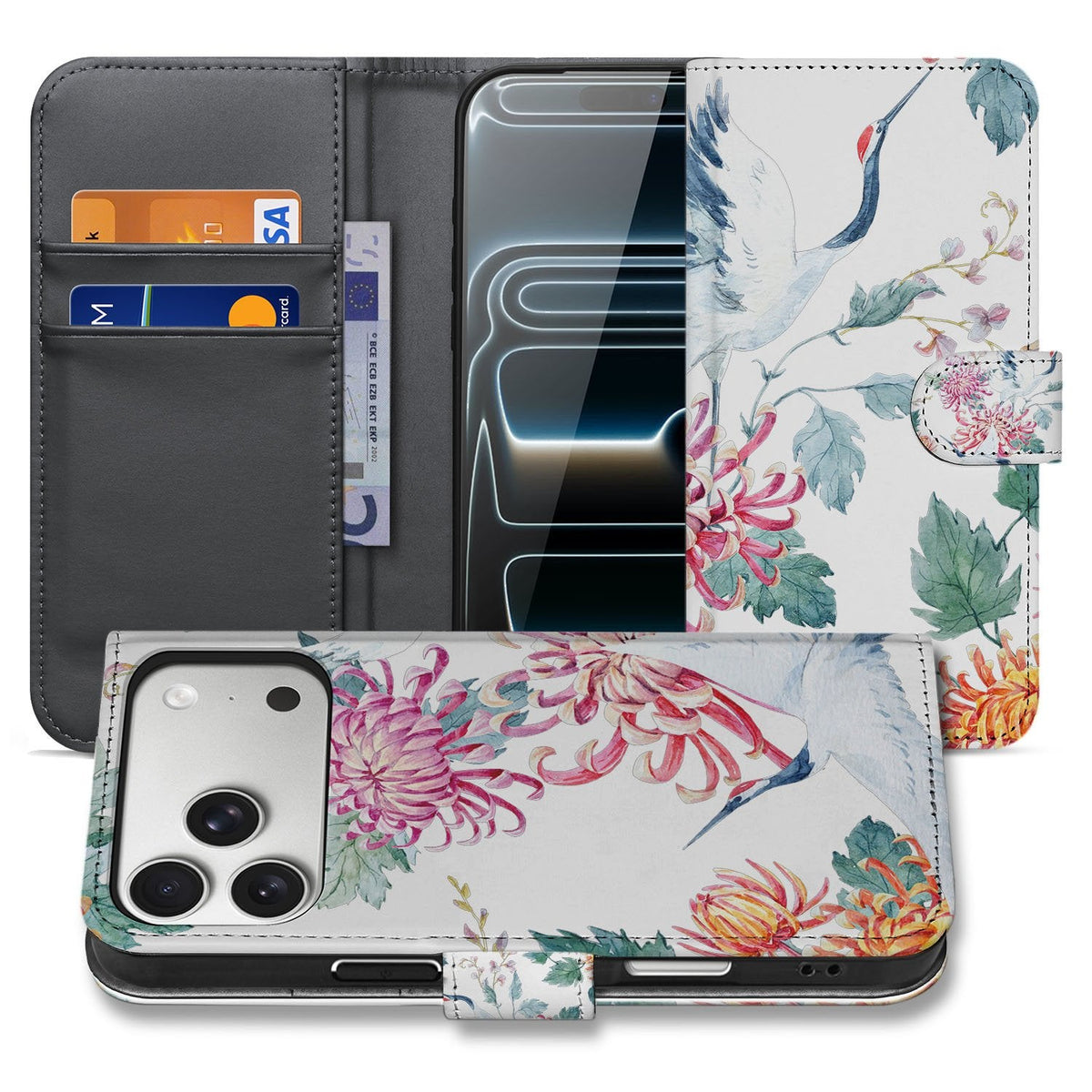 Bird Flowers bookcase voor de iPhone 18 Pro Max, open en dicht naast elkaar in één overzicht