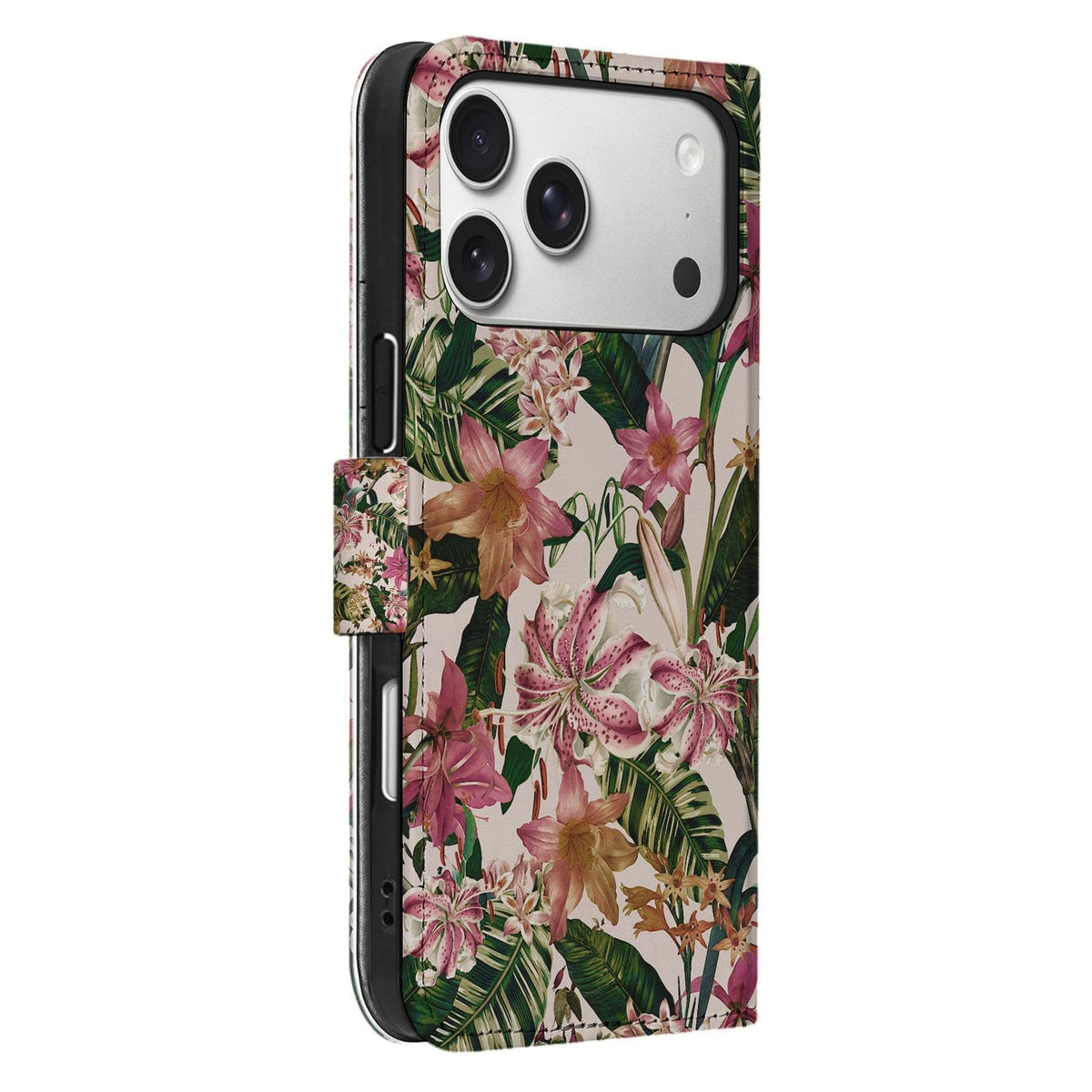 Zijaanzicht van de iPhone 18 Pro Max in het Flowers klaphoesje met roze print op de rug