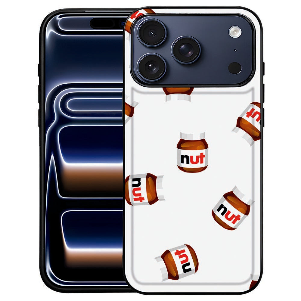 Nut Jar iPhone 18 Pro Max hoesje met gekleurde notenpot-illustratie op zwarte achtergrond