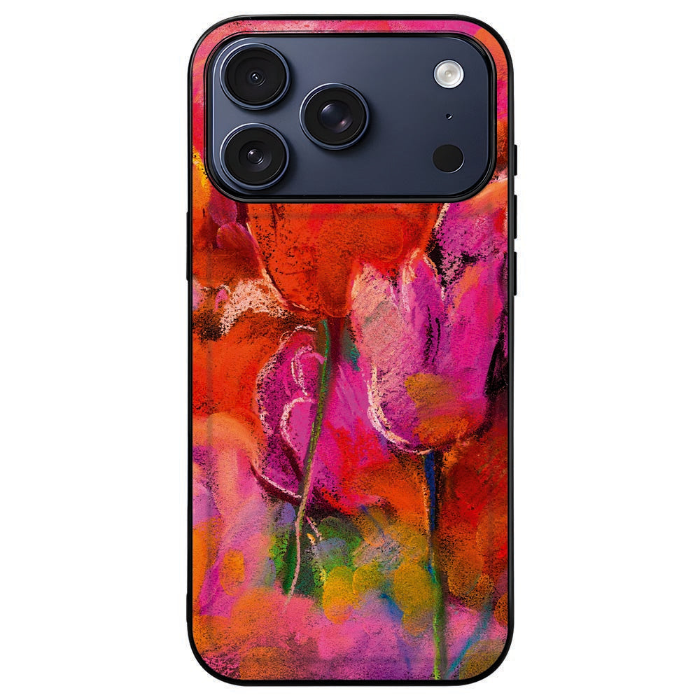 iPhone 18 Pro Max met Tulips hoesje, aquareltulpen omlijst door zwart TPU