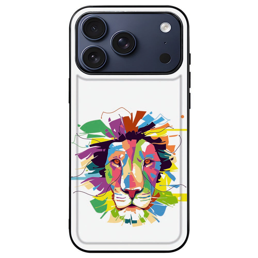 Lion Color hoesje om een iPhone 18 Pro Max, kleurrijke manen binnen het zwarte kader