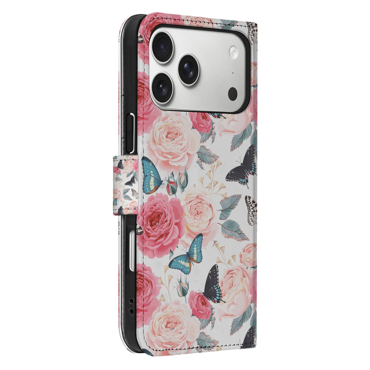 Profiel van de iPhone 18 Pro Max in dichtgeklapt Butterfly Roses-hoesje, van opzij gefotografeerd