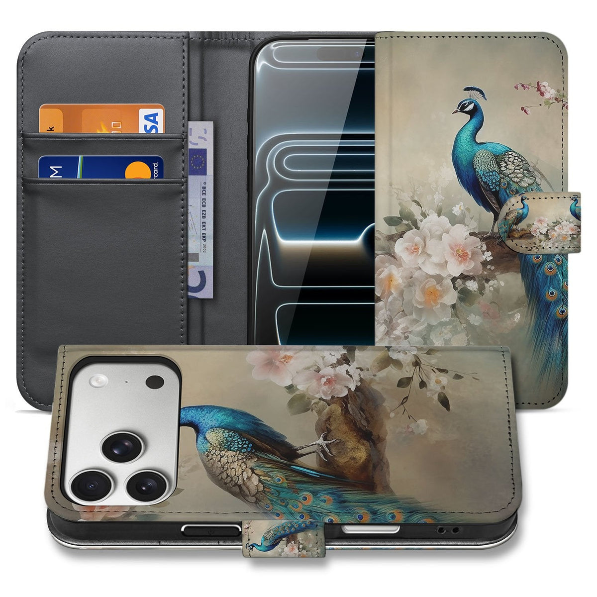 Vintage Pauwen boekhoesje voor iPhone 18 Pro Max, open en dicht naast elkaar getoond