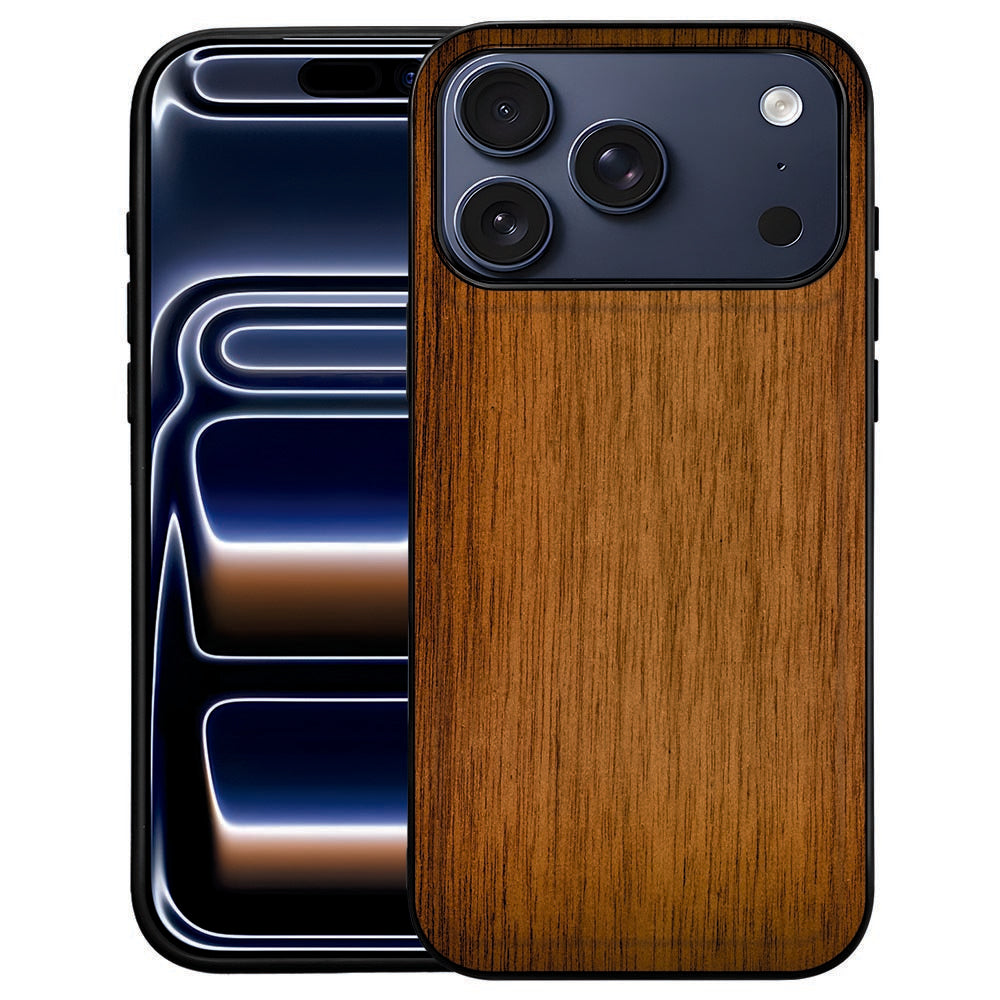 Donker Hout iPhone 18 Pro Max telefoonhoesje met donkerbruine houtnerfprint op kunstleer