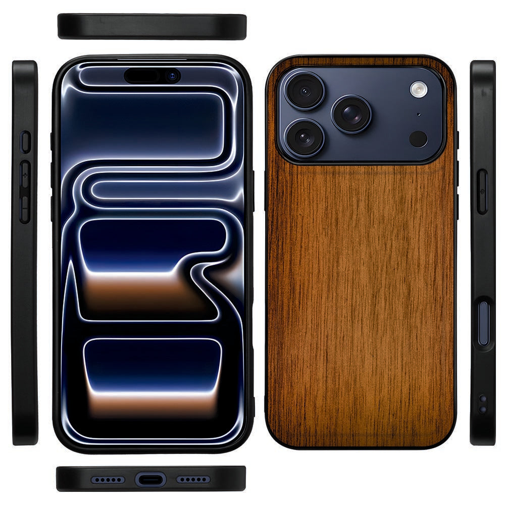 Zijkant van het Donker Hout hoesje voor iPhone 18 Pro Max met de zwarte TPU-rand