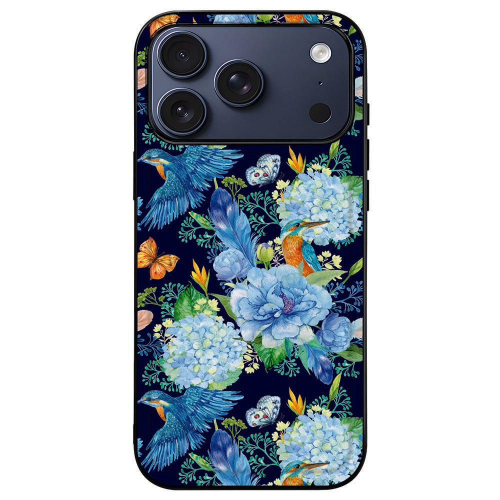 iPhone 18 Pro Max in het IJsvogel telefoonhoesje, felblauwe vogel in een zwart kader
