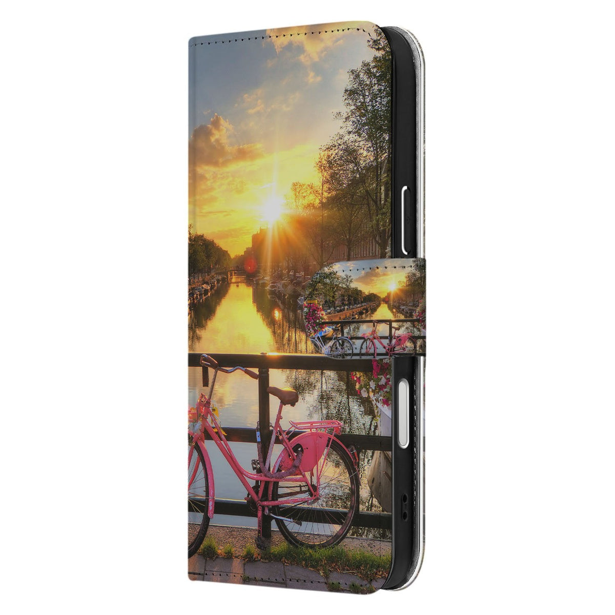 Zijkant van het iPhone 18 Pro Max hoesje met pasjes Amsterdamse Grachten, rug in beeld