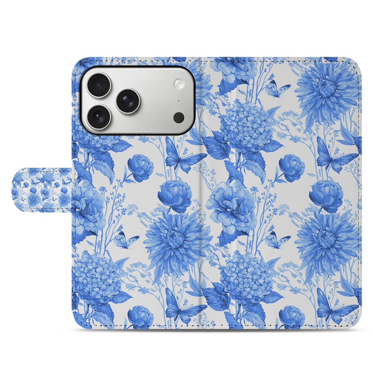 iPhone 18 Pro Max hoesje Flowers Blue dichtgeklapt, met blauwe bloemen op de voorflap