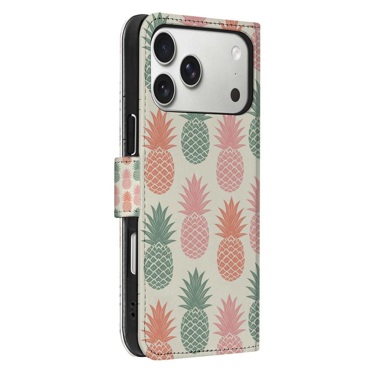 Het Ananas hoesje voor iPhone 18 Pro Max schuin van opzij, print loopt door over de rug