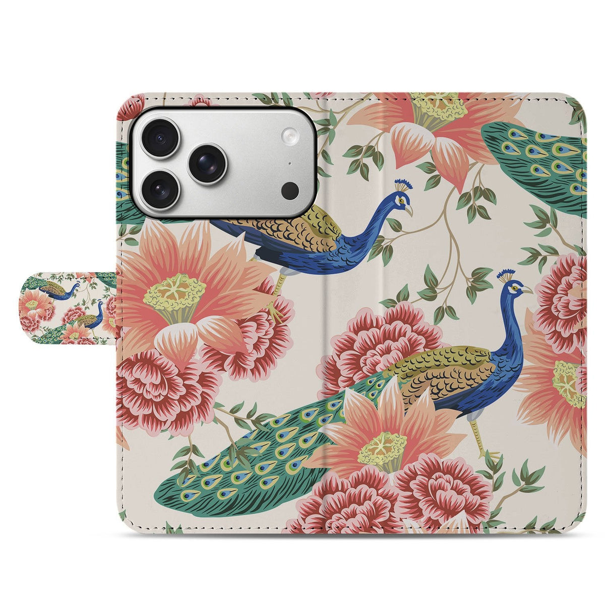 Gesloten voorkant van het iPhone 18 Pro Max klaphoesje met roze pauw Pink Peacock op beige