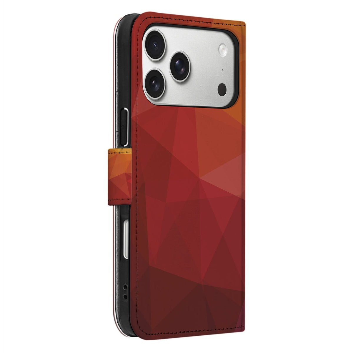 Van opzij gezien: iPhone 18 Pro Max wallet hoesje Polygon Red met magnetische sluiting