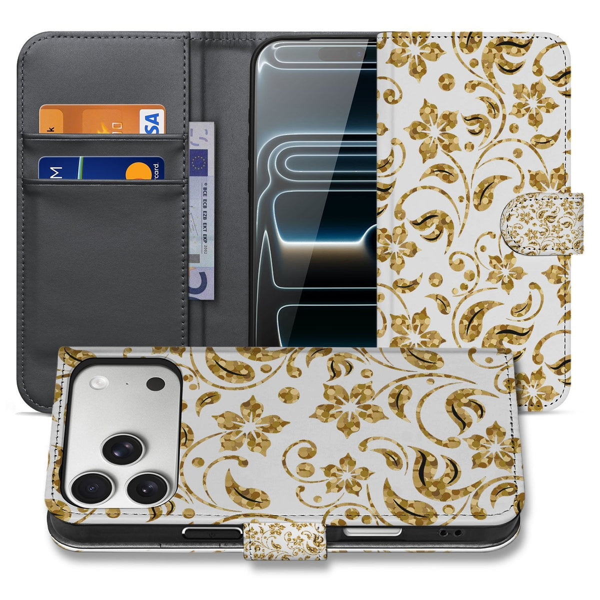Overzicht van het Gouden Bloemen hoesje voor de iPhone 18 Pro Max, opengeklapt en dichtgeklapt