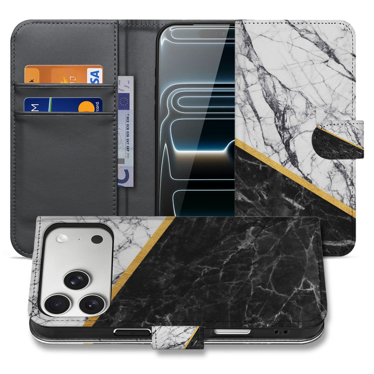 Marble White Black hoesje voor iPhone 18 Pro Max, zowel open als dicht in één beeld
