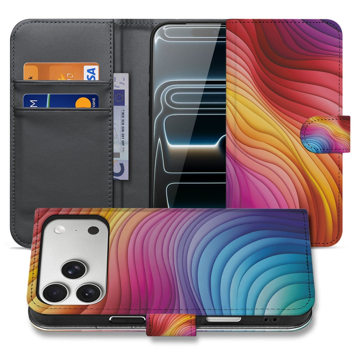 Regenboog hoesje voor iPhone 18 Pro Max in twee standen: opengeklapt en gesloten