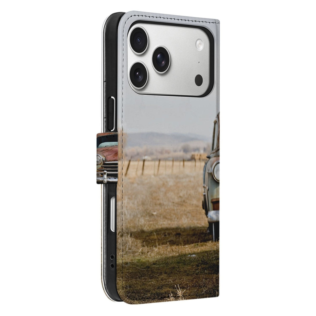 Van opzij bekeken: het iPhone 18 Pro Max hoesje Vintage Auto met de flap gesloten